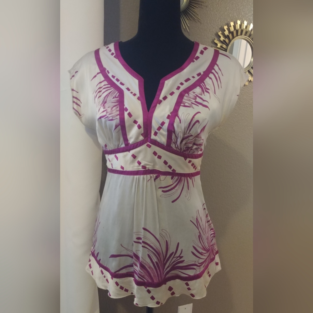 Bebe Light Grey & Fuschia Silk Embellished Blouse